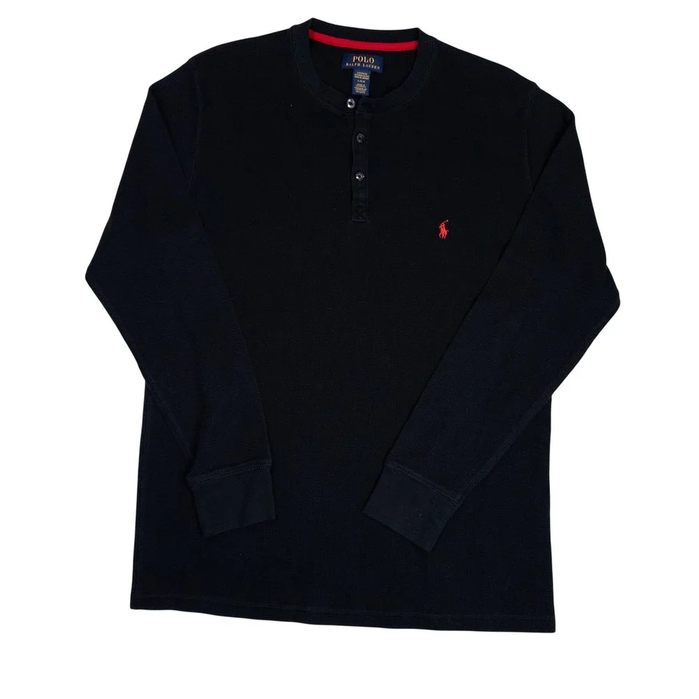 Polo Ralph Lauren Henley Shirt Mens Large Black Waffle Knit Thermal
